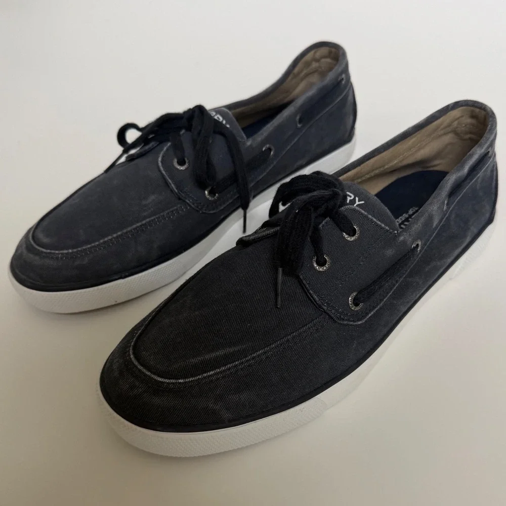 Sperry Top-Sider Mens Washed Navy Blue Canvas Boat Shoes Minimalist Sneakers 10